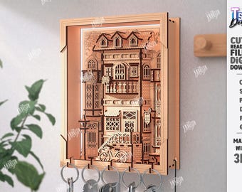 Porta-chaves 3D estilo viela europeia, cortado a laser, caixa de chaves decorativa em madeira, porta-chaves estilo casa antiga, suporte para chaves com ganchos, armário organizador de chaves