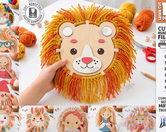 Yarn Hair Craft SVG - Laser Cut Kids Yarn Craft Kit - Wooden Animal Hair Activity - Fine Motor Skills Toy svg