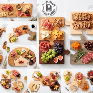 May include: A collection of wooden serving boards in various shapes, including puzzle pieces, fish, and geometric designs. The boards are filled with an assortment of food items like cheese, meats, fruits, and crackers. The image also includes text that says "CUT READY FILE DIGITAL DOWNLOAD".
