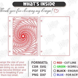 May include: Digital cut file design with a red spiral pattern. The image includes the text "WHAT'S INSIDE" and "Thank you for choosing my design!" along with file format options and color-coded cut line instructions.