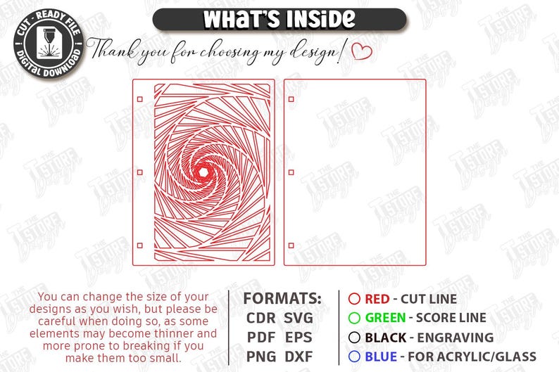 May include: Digital cut file design with a red spiral pattern. The image includes the text "WHAT'S INSIDE" and "Thank you for choosing my design!" along with file format options and color-coded cut line instructions.