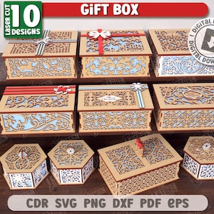Könnte beinhalten: Eine Sammlung von 10 lasergeschnittenen Holzgeschenkboxen mit aufwendigen Designs. Die Boxen weisen verschiedene Formen und Größen mit dekorativen Mustern und Schleifen auf. Der Text "GIFT BOX" und "DIGITAL DOWNLOAD" sind sichtbar.