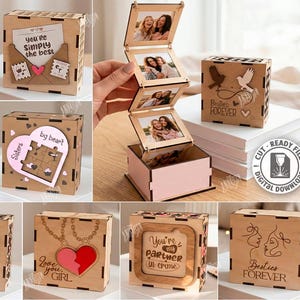 Puede incluir: Una colección de cajas de madera cortadas con láser con varios diseños y textos, incluyendo corazones, palomas y frases como "Sisters by heart" y "Besties Forever". Algunas cajas presentan exhibiciones de fotos. La imagen también muestra un gráfico de "Cut Ready File".