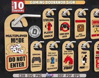 Paquete de perillas de puerta cortadas con láser para gamers en 3D, colgadores de puerta para gamers en formato SVG, letreros de puerta para gamers en formato láser, frases de gaming en formato SVG, letrero de "No molestar" en formato SVG
