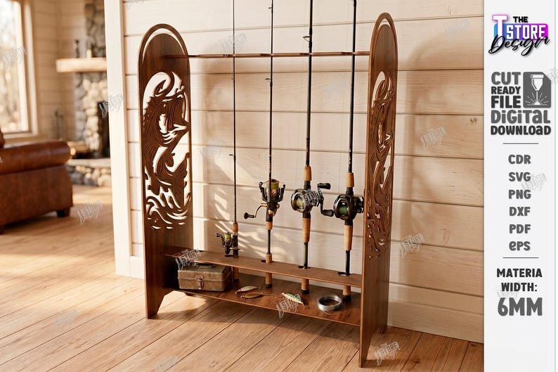 May include: A wooden fishing rod rack with decorative side panels. The rack holds several fishing rods and reels, along with a tackle box and fishing lures. The text on the side says "CUT READY FILE DIGITAL DOWNLOAD".