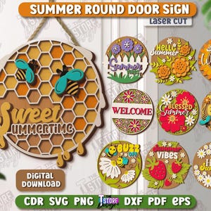 May include: A set of ten round laser cut wood signs with summer themes. The signs feature various designs including bees, flowers, and text such as "Sweet Summertime", "Welcome", "Buzz Off", and "Hello Summer".