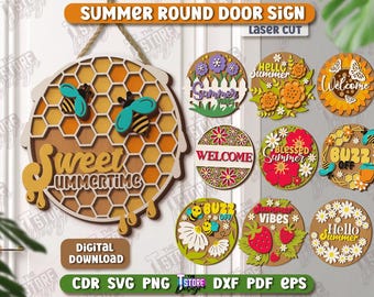 Bundle découpé au laser de plaque de porte ronde d'été, accroche-porte en bois SVG, panneau de bienvenue Bonjour été, panneau extérieur en couches, accroche-porte abeille SVG