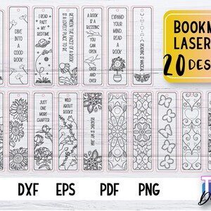 K&ouml;nnte beinhalten: Ein Set mit 20 schwarzen und wei&szlig;en Lesezeichen-Designs zum Laserschneiden. Die Designs beinhalten verschiedene Themen wie B&uuml;cher, Katzen, Blumen und Schmetterlinge. Der Text "BOOKMARK LASER CUT 20 DESIGNES" wird auf einem rosa und gelben Banner angezeigt.
