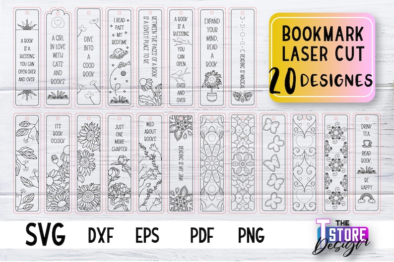 K&ouml;nnte beinhalten: Ein Set mit 20 schwarzen und wei&szlig;en Lesezeichen-Designs zum Laserschneiden. Die Designs beinhalten verschiedene Themen wie B&uuml;cher, Katzen, Blumen und Schmetterlinge. Der Text "BOOKMARK LASER CUT 20 DESIGNES" wird auf einem rosa und gelben Banner angezeigt.