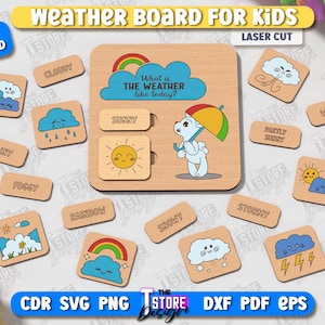 May include: Wooden weather board for kids with laser-cut design. Includes a central board with a bear holding an umbrella and weather condition tiles like sunny, cloudy, and rainy. The text "What is the weather like today?" is visible.