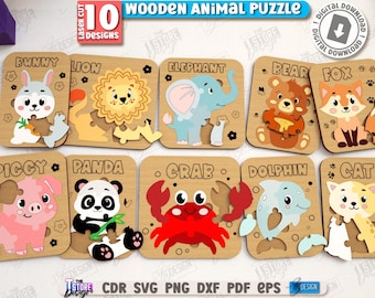 3D Holz Kinder Tier Puzzles Laser geschnitten Bundle, 3D Tier Puzzle Set, Montessori Puzzle svg, Baby Puzzle, Kinderspiel svg, Lernspielzeug