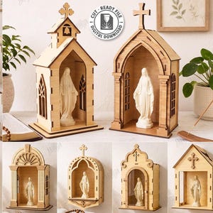 May include: A collection of ten laser-cut wooden church-shaped shrines, each featuring a white figurine of the Virgin Mary inside. The structures vary in architectural design, including pointed arches, crosses, and towers, with a material width of 6mm.