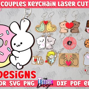Valentine&#39;s Day Couple Keychains Bundle, Matching Keychains Lasercut, Interlocking Wooden Keychain, Couple Keychains Laser Cut Design