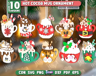 3d Christmas hot cocoa mug ornaments laser cut bundle, Christmas tree toys laser cut, hot cocoa ornament laser cut, wooden xmas ornament svg