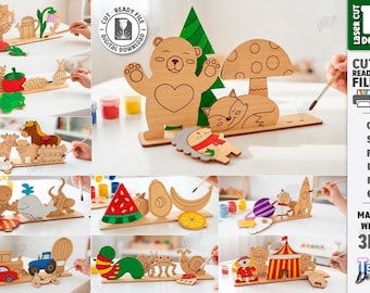 May include: A collection of 10 laser-cut wooden designs, including a bear, fox, mushroom, and other figures. The designs are ready to be painted, with a material width of 3mm. The image also includes the text "CUT READY FILE" and "COLOR FILES".