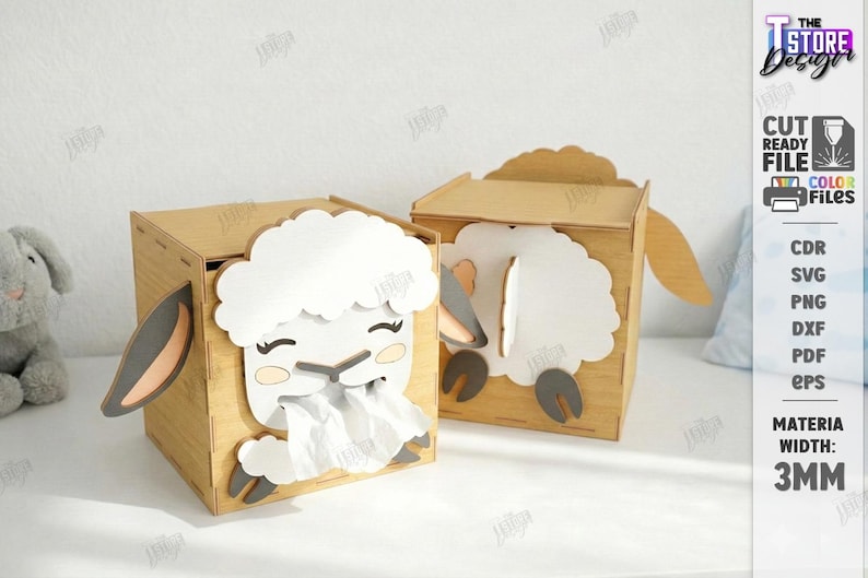 May include: Two wooden tissue box holders shaped like sheep. The sheep have white wool, gray ears, and black eyes. One box has tissues coming out. The boxes are light brown and have a 3mm width.