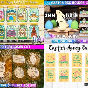May include: A digital download of 10 laser cut designs for Easter egg holders. The designs feature bunnies, crosses, and chickens. The designs are available in 3mm and 1/8 inch sizes. The designs are available in CDR, SVG, PNG, DXF, PDF, and EPS formats.
