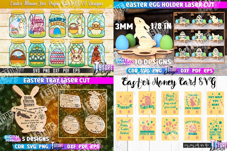 May include: A digital download of 10 laser cut designs for Easter egg holders. The designs feature bunnies, crosses, and chickens. The designs are available in 3mm and 1/8 inch sizes. The designs are available in CDR, SVG, PNG, DXF, PDF, and EPS formats.