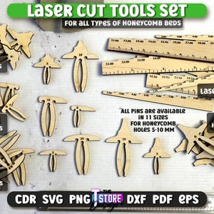 Laser Cut Tools Set | Honeycomb Bed Pins | Antiflashback Pin | Laser cut focus test | Hold down pins | laser cut accessories