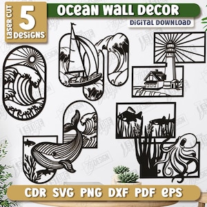 Könnte beinhalten: Schwarze Laser-Cut-Ozean-Wanddekor-Designs. Das Bild zeigt fünf verschiedene Designs, darunter ein Segelboot, ein Leuchtturm, ein Wal, Fische und einen Oktopus. Der Text "Ocean Wall Decor" und "Digital Download" sind sichtbar. Der Text "5 Designs" und Dateitypoptionen sind ebenfalls enthalten.