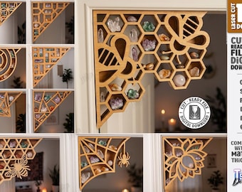 Crystal Display Shelf Laser Cut File - Corner Crystal Organizer - Witchy Gemstone Shelf - Hexagon Crystal Holder svg