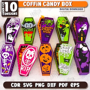 3D-kista godisask laserskuren bunt, Glad Halloween kista gåva askar, träkista godisask, bus eller godis svg, läskig presentask laser