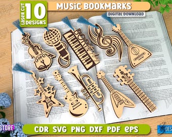 Paquete de marcapáginas de música 3D cortados con láser, instrumentos musicales SVG, marcapáginas cortados con láser, marcapáginas de madera SVG, marcapáginas grabado SVG, marcapáginas de guitarra