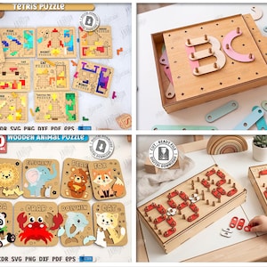 May include: Wooden puzzles featuring Tetris and animal designs. The Tetris puzzles have colourful block arrangements, and the animal puzzles depict various creatures. Number puzzles with red pegs are also shown in the image.