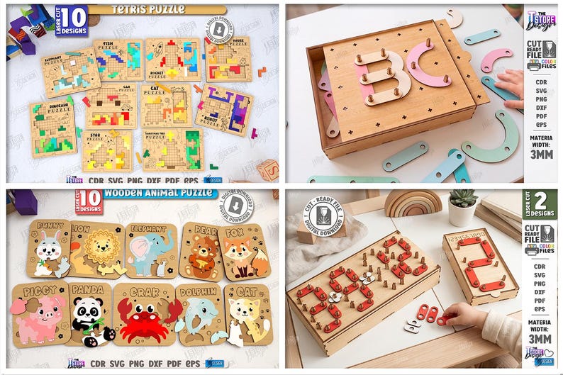 May include: Wooden puzzles featuring Tetris and animal designs. The Tetris puzzles have colourful block arrangements, and the animal puzzles depict various creatures. Number puzzles with red pegs are also shown in the image.