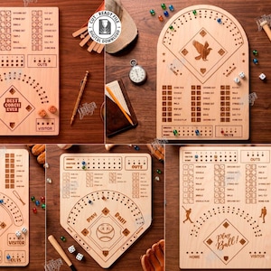 Peut inclure: Un ensemble de cinq plateaux de jeu de baseball en bois découpés au laser, avec des grilles de score gravées, des terrains en forme de losange et des textes comme Best Coach Ever et Play Ball. Conçus pour le téléchargement numérique.
