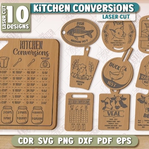 Op de afbeelding: Een set van 10 lasergesneden keukenconversiediagrammen en borden. De diagrammen bevatten metingen voor kopjes, eetlepels, theelepels, ounces, pints, quarts en gallons. De borden tonen verschillende dieren, waaronder een vis, een varken, een eend, een konijn en een koe. De borden bevatten ook tekst zoals "Vis", "Varken", "Eend", "Konijn" en "Rundvlees".