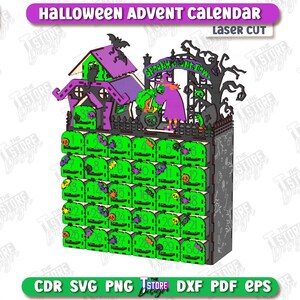 May include: A laser-cut Halloween advent calendar with a spooky house, witch, and bat design. The calendar features 24 numbered compartments in green, with a purple roof and accents. The text "Halloween Advent Calendar" is displayed at the top.