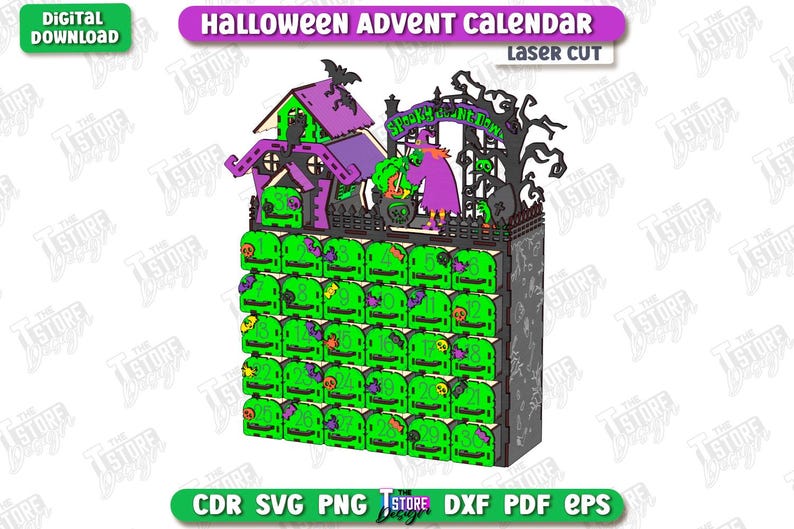 May include: A laser-cut Halloween advent calendar with a spooky house, witch, and bat design. The calendar features 24 numbered compartments in green, with a purple roof and accents. The text "Halloween Advent Calendar" is displayed at the top.