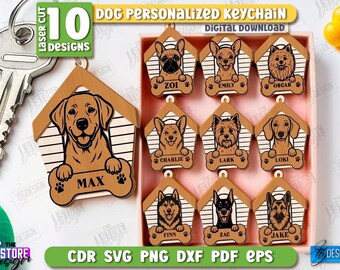 Pacote de chaveiros personalizados para cães cortados a laser, chaveiros com nome de animal de estimação cortados a laser, chaveiros com raças de cães cortados a laser, etiquetas de identificação para cães svg, chaveiros personalizados para animais de estimação svg