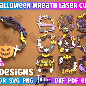 3D Halloween-krans lasergesneden bundel, Happy Halloween-teken svg, 3D Halloween-decoratiekrans, Halloween-krans digitaal snijbestand, kunst aan de muur