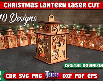 May include: Ten laser cut Christmas lantern designs. The lanterns are made of wood and have intricate designs. The designs include a Christmas tree, a snowman, a reindeer, and a Santa Claus. The lanterns are 3mm thick and are available in CDR, SVG, PNG, DXF, PDF, and EPS formats.