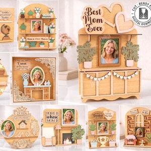 May include: A collection of 10 laser-cut wooden designs, each featuring a photo frame and decorative elements. Designs include phrases like "Best Mom Ever" and "World's Greatest Mother." The material width is 3mm.