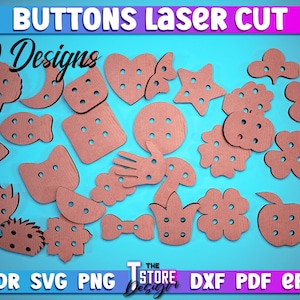 Puede incluir: 30 diseños de botones cortados con láser en varias formas, incluyendo corazones, estrellas, flores y animales. Los botones están hechos de madera y tienen agujeros para coser. Los diseños son perfectos para proyectos de manualidades y costura.