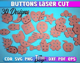 May include: 30 laser cut button designs in various shapes, including hearts, stars, flowers, and animals. The buttons are made of wood and have holes for sewing. The designs are perfect for crafting and sewing projects.
