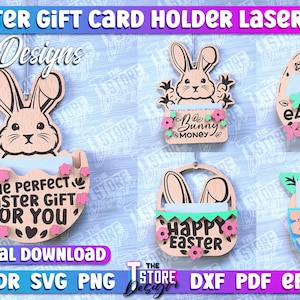 Ostergeschenk Kartenhalter Laser Cut SVG Bundle | Osterhase Kartenhalter SVG Design | Frohe Ostern Laser Cut Dateien | CNC-Dateien