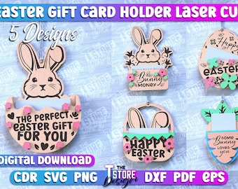 Ostergeschenk Kartenhalter Laser Cut SVG Bundle | Osterhase Kartenhalter SVG Design | Frohe Ostern Laser Cut Dateien | CNC-Dateien