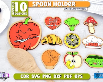 Spoon Holders Laser Cut Bundle, Kitchen Accessories SVG, Spoon Rest, Hot Plate, Engraved Wooden Spoon Rests, Spoon Stand, Kitchen Decor SVG
