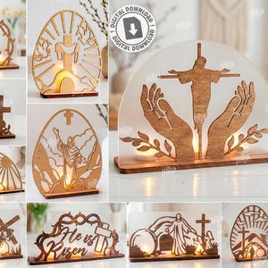 Puede incluir: Una colección de decoraciones de Pascua de madera cortadas con láser con varios diseños, incluyendo cruces, la frase "Él ha resucitado" y representaciones de Jesús. Los diseños están iluminados desde dentro, creando un brillo cálido.