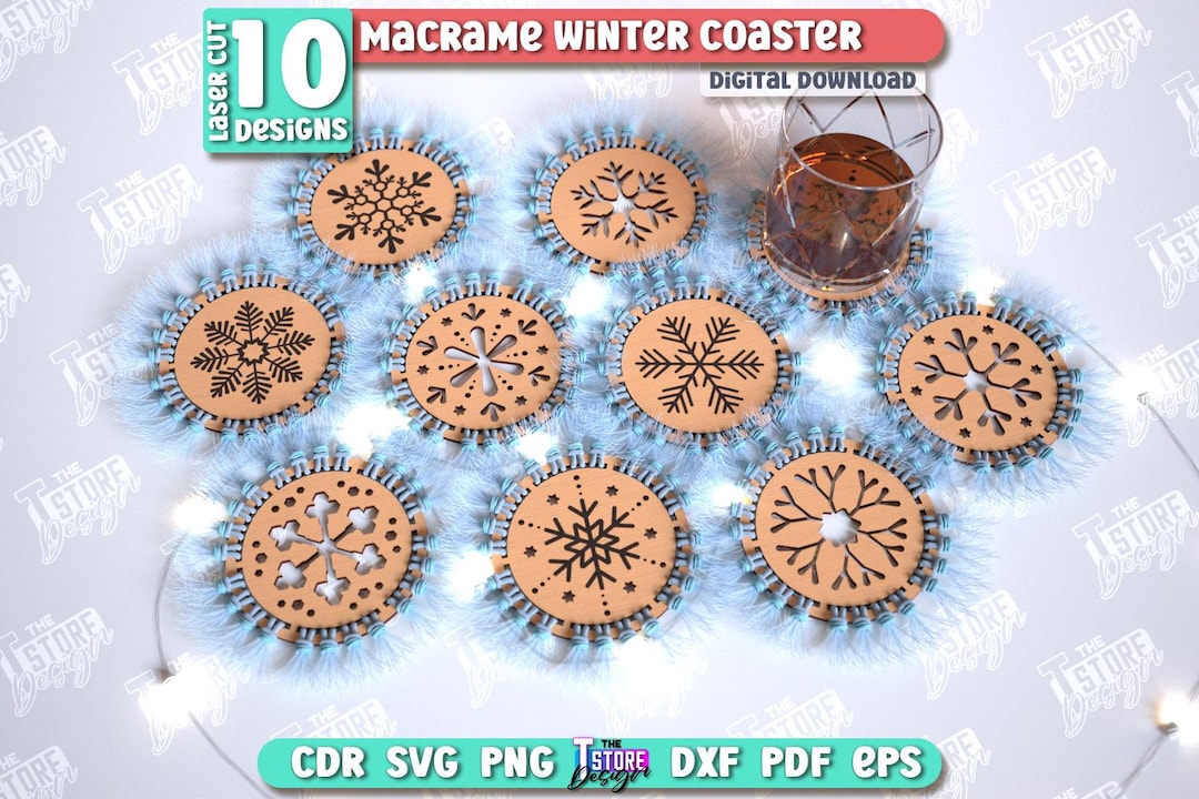 Macrame Snowflake Pattern Coaster Macrame Winter Coasters Laser Cut Bundle, Christmas Coasters Set ...