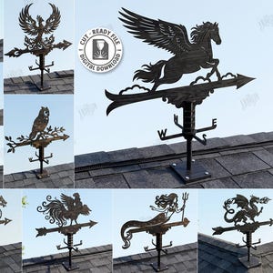 Könnte beinhalten: Eine Sammlung von zehn dunklen Wetterfahnen-Designs mit Silhouetten von Löwe, Phönix, Schiff, Eule, geflügeltem Fuchs, Pegasus, Drache, Hahn, Meerjungfrau und feuerspeiendem Drachen. Diese laserfertigen digitalen Dateien umfassen eine Materialbreite von 3mm.