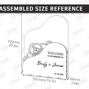 May include: A white laser-cut wedding sign with floral accents, measuring 27.6 inches tall, 19.7 inches wide, and 2.6 inches deep. The sign reads "Welcome to the Wedding of Emily & James" with the date 01.05.2026.