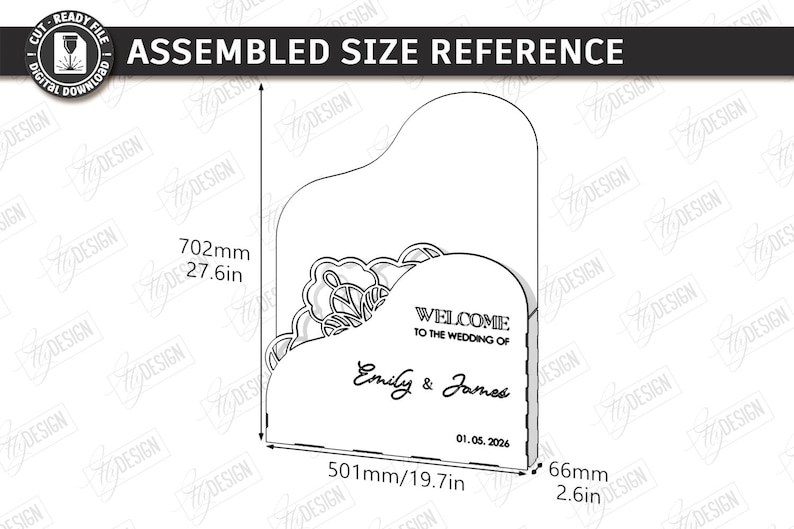 May include: A white laser-cut wedding sign with floral accents, measuring 27.6 inches tall, 19.7 inches wide, and 2.6 inches deep. The sign reads "Welcome to the Wedding of Emily & James" with the date 01.05.2026.
