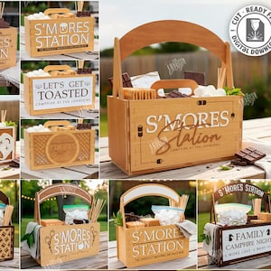 May include: Wooden S'mores Station box with a handle, filled with marshmallows, graham crackers, chocolate, and skewers. The box has the words "S'mores Station" engraved on the front. Perfect for camping or backyard gatherings.