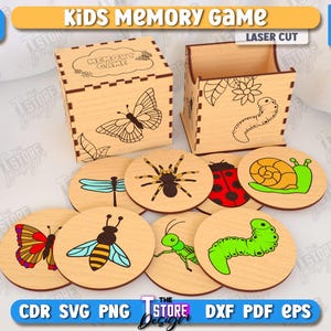 Kids memory game laser cut, insect laser cut, kids board game, matching game, montessori game, memory game with holder box, educational toy