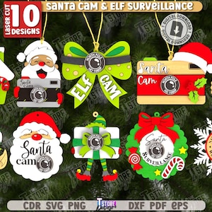 以下が含まれることがあります： さまざまなデザインの、レーザーカットされたクリスマスオーナメント10個のコレクション。オーナメントにはサンタクロース、エルフ、カメラ、雪の結晶が含まれており、すべてお祝いのテーマです。カラーパレットには赤、緑、白、金が含まれています。